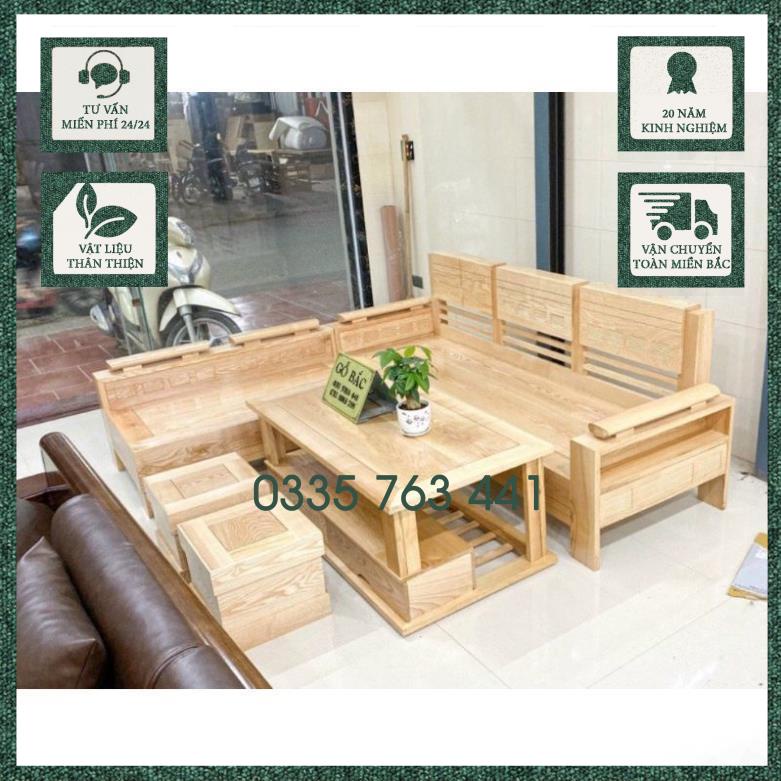 Sofa gỗ sồi nga 100% kích thước góc L 2mx1m8 kèm 1 đôn và bàn trà sofa