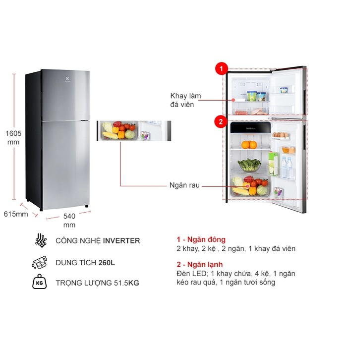 [Mã ELHA10 giảm 6% đơn 5TR] Tủ lạnh Electrolux Inverter 260 lít ETB2802J-A