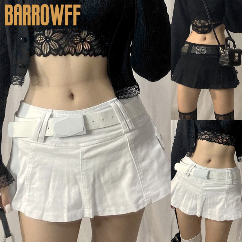 Chân váy denim dáng chữ A viền loe lưng thấp xếp nếp màu trơn có túi phong cách vintage punk thời trang cho nữ