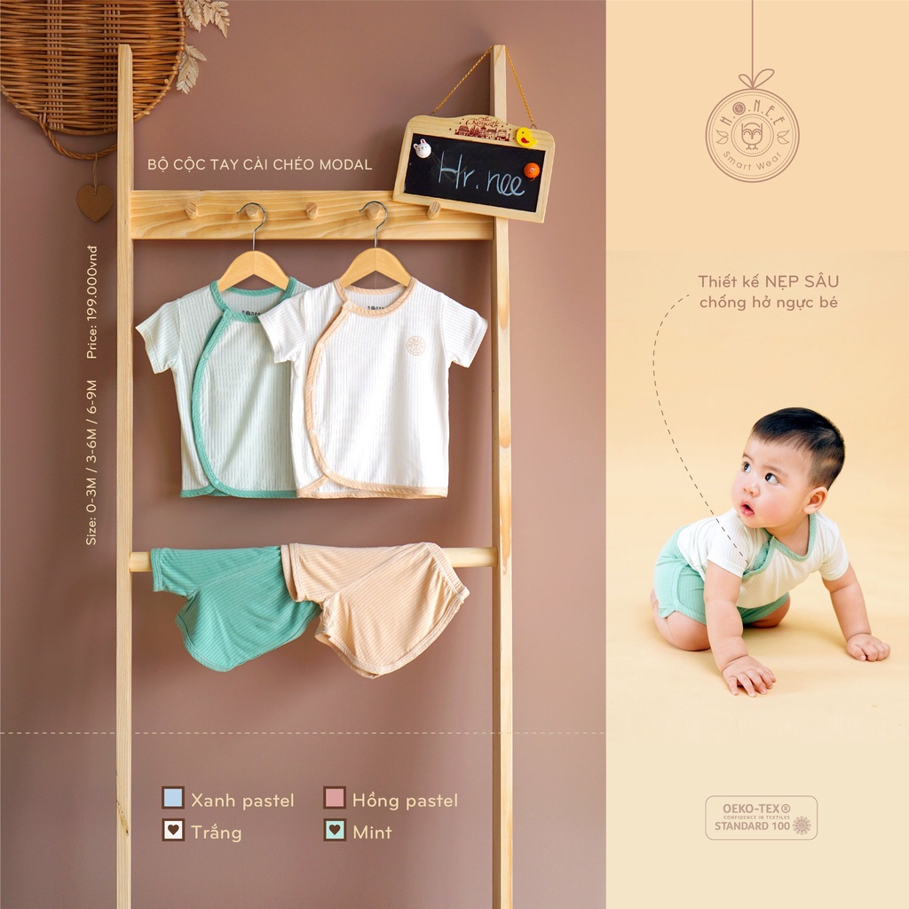 Bộ cộc tay HRNEE cài chéo sơ sinh vải modal sợi sồi hè cực mát HREE hnree Việt Nam