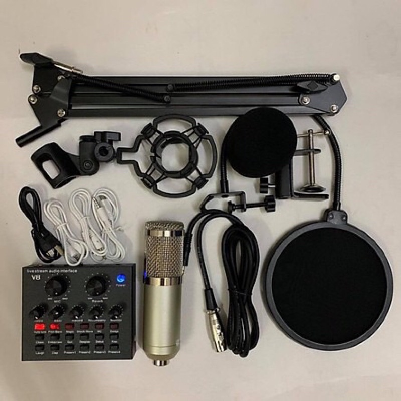 Combo Soundcard V8 AQTA Bluetooth + Mic Karaoke Livetream BM 900, Có AutoTune Chuẩn Phòng Thu