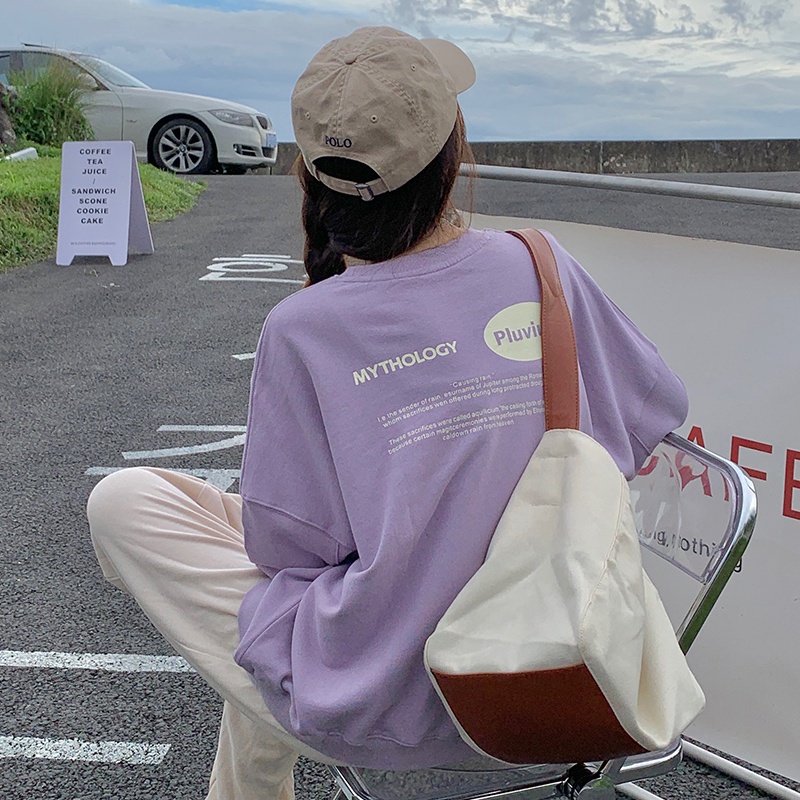 Áo nỉ dài tay cổ tròn dáng rộng in chữ phong cách Hàn Quốc mới