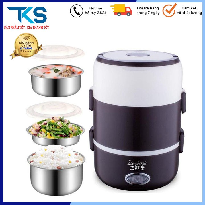 Hộp cơm 3 tầng cắm điện inox 304 vừa nấu cơm vừa hâm nóng siêu tốc đa năng loại xịn