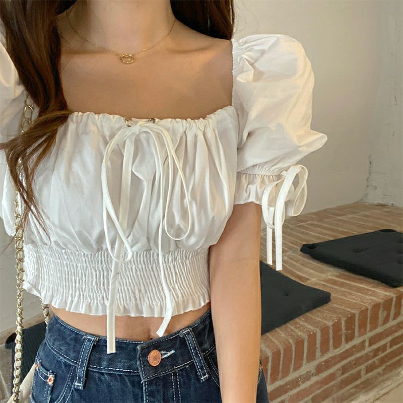 [Có sẵn - Ảnh thật - có video] Áo sơ mi nữ tay bồng dáng croptop, áo croptop trễ vai nơ ngực ulzzang A02 | WebRaoVat - webraovat.net.vn