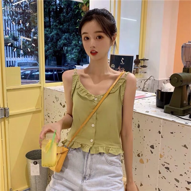 Áo hai dây thô viền bèo nhún Hàng Quảng Châu