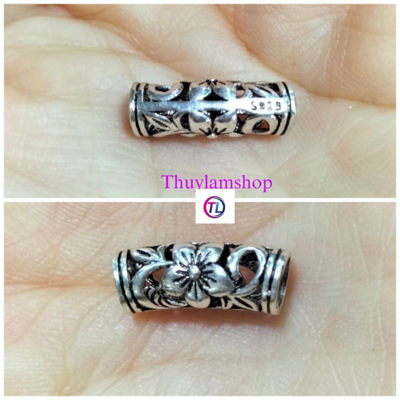 Charm ống khắc hoa văn xưa bạc S925 vĩnh viễn bảo hành
