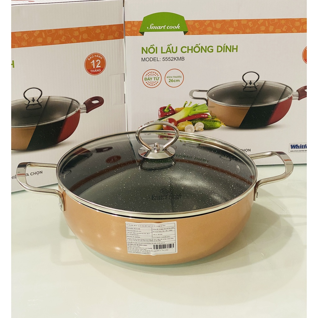 Nồi lẩu nhôm chống dính vân đá đáy từ cao cấp 26cm Smartcook 5552KMB phủ chống dính 2 lớp
