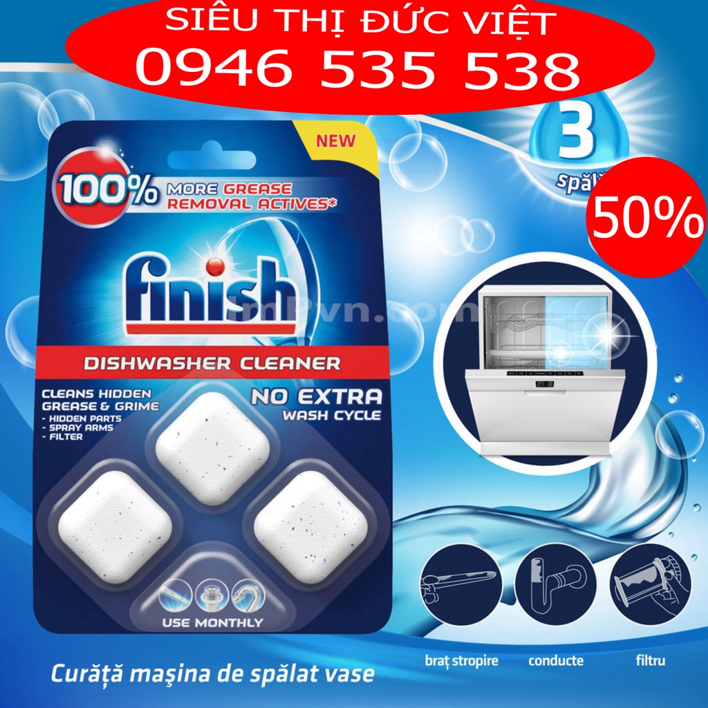 Viên vệ sinh máy rửa bát Finish Vỉ 3 viên dùng hàng tháng