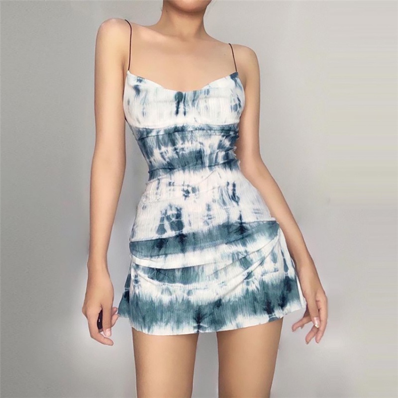 Đầm Hai Dây Nhuộm Màu Tie-dye Eo Cao Cho Nữ