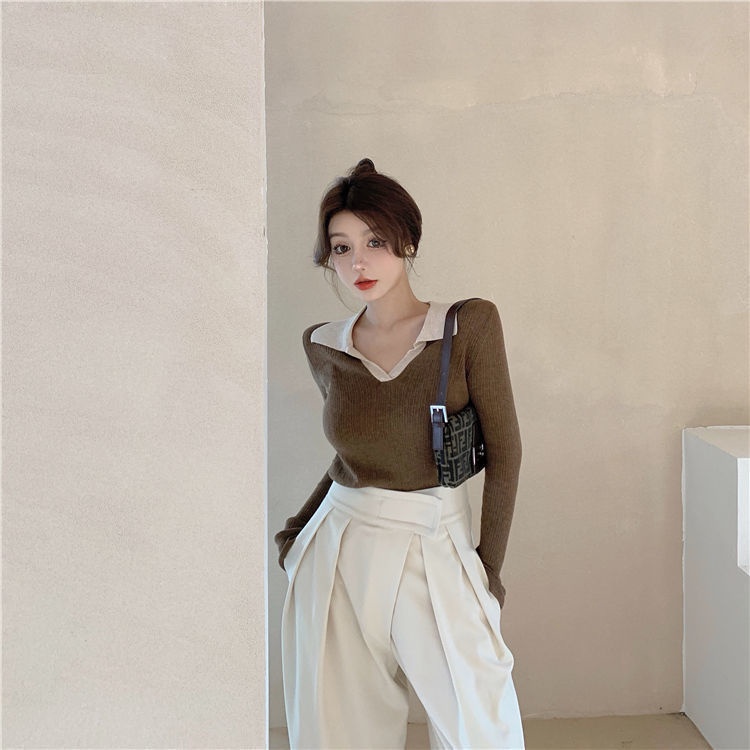 Áo Sweater Dệt Kim Tay Dài Cổ Polo Thiết Kế Xinh Xắn Cho Nữ