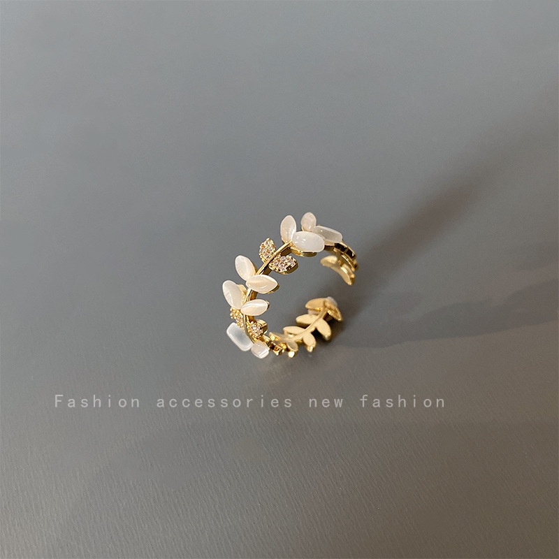 Nhẫn đeo ngón tay thiết kế chiếc lá đính đá opal thời trang dành cho nữ