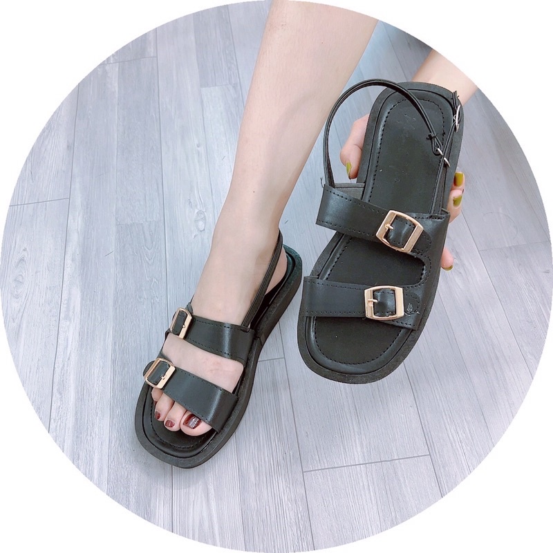 Dép bánh mỳ sandal hai quai ngang tag khoá vuông đế bánh mỳ 2cm