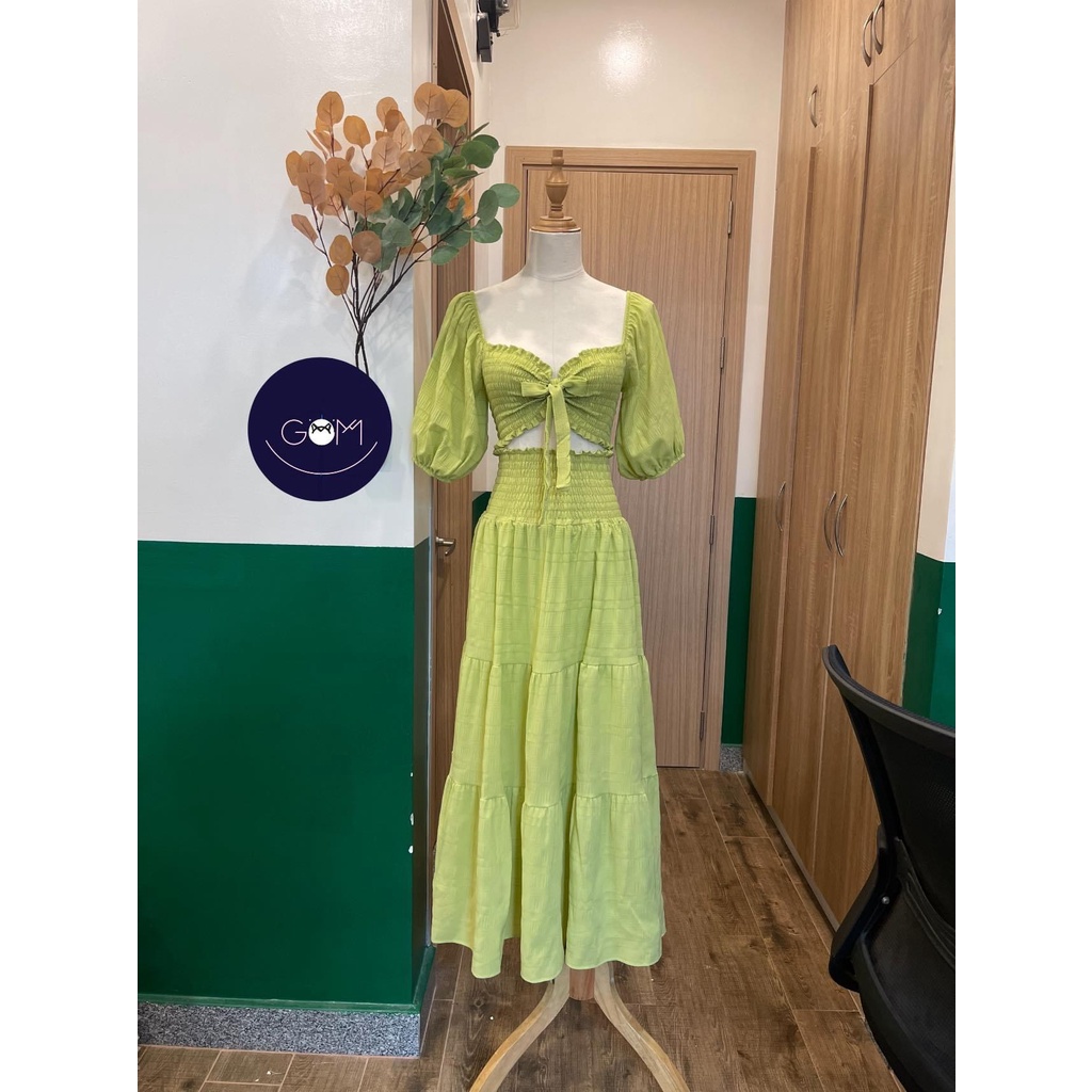 Đầm váy maxi đi biển đũi áo nhún xoè tay phồng set áo croptop tay bồng chân váy dài đi chơi đi biển xanh lá trắng hồng | BigBuy360 - bigbuy360.vn
