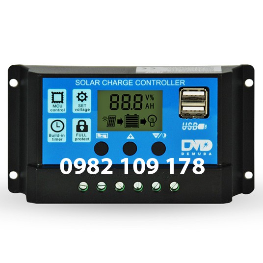 điều khiển sạc pin mặt trời pwm 10A 12V-24V auto có màn hình hiển thị