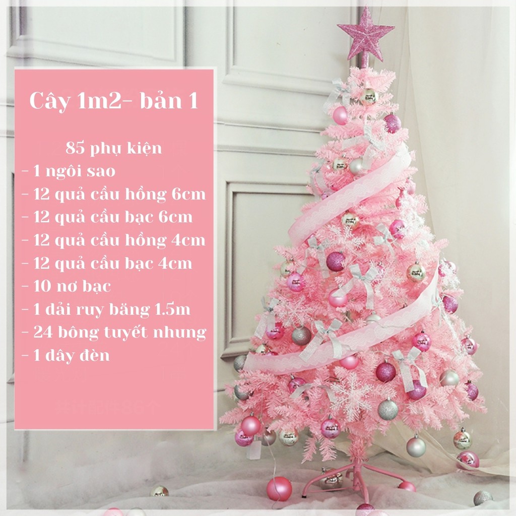 Cây thông Noel 1m5, 1m2, 60cm màu hồng Decor đi kèm hơn 100 phụ kiện trang trí phòng cách Hàn Quốc