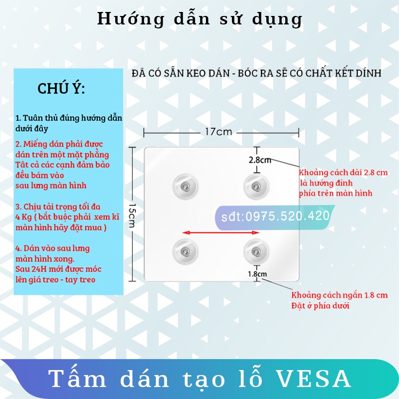 Tấm dán tạo lỗ VESA - Keo 3M siêu chắc - Dùng cho màn hình không có lỗ ốc [17-27inch] [Tối đa 4kg]