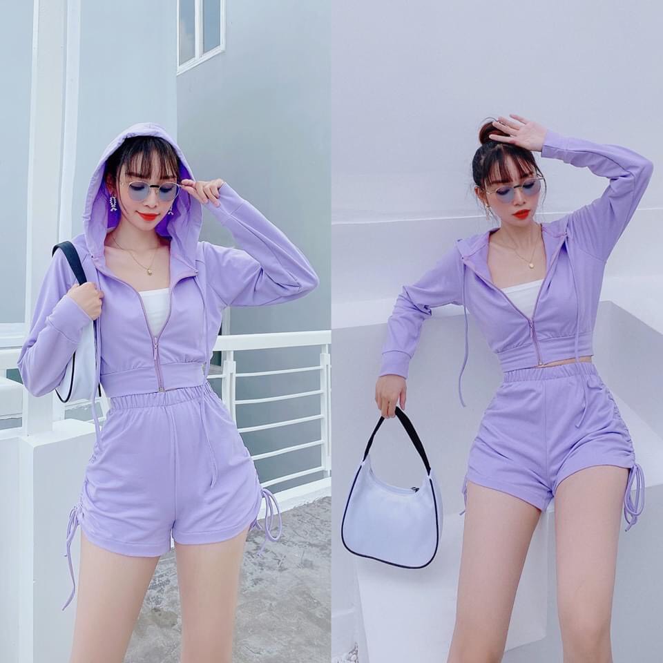 set 3 món xinh chất cotton mềm áo 2 dây quần rút áo khoác có nón