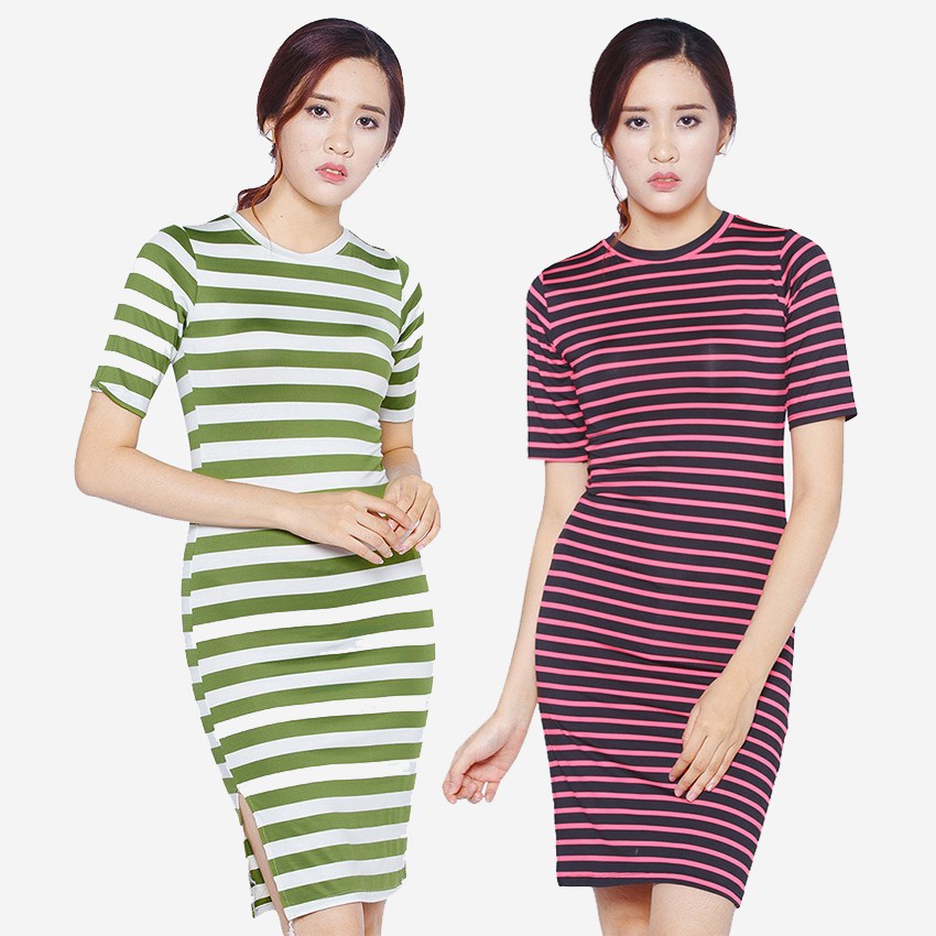 Váy Đầm Nữ Dáng Ôm Sẻ Tà Kẻ Ngang Body Mini Cổ Tròn Ngắn Tay Thời Trang Zenkocs3 WM DRESS 0058