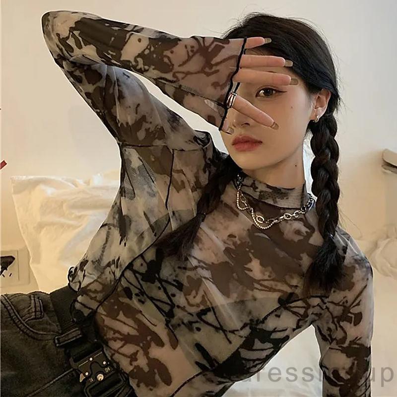 Áo Thun Lưới Tay Dài Cổ Tròn In Họa Tiết Trừu Tượng Dành Cho Nữ