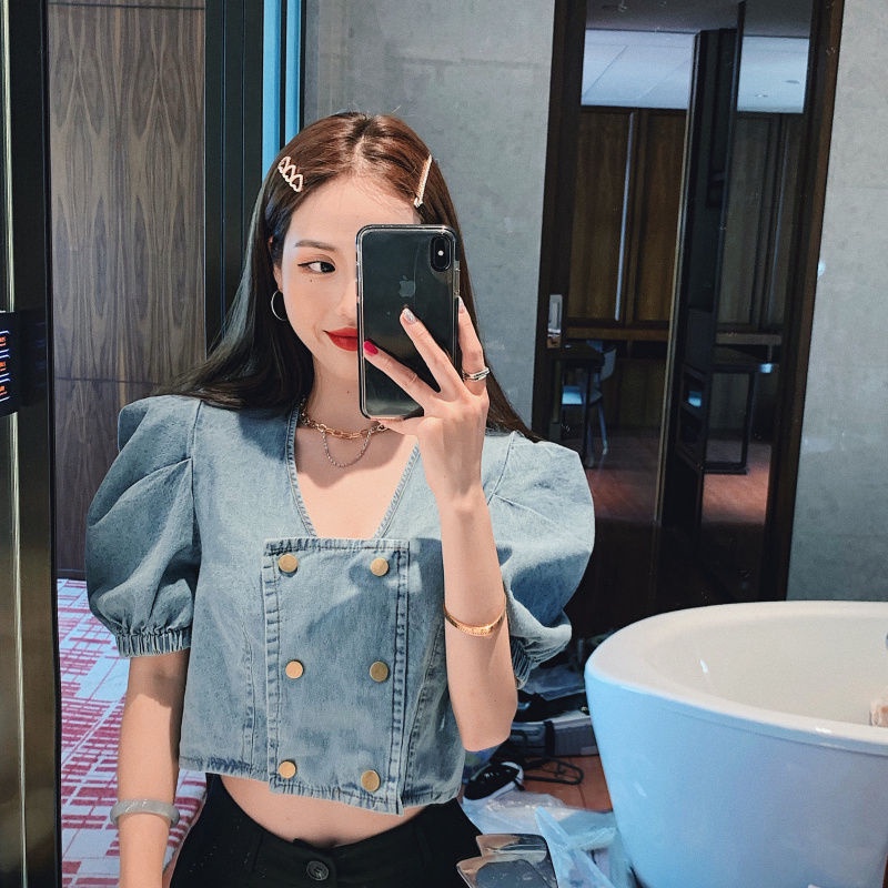 [New Hot】2021New Fashion Puff Sleeve Top Women's Summer Denim Short NavelbmDesign Shirt Short Sleeveins-【6Month10Day After】