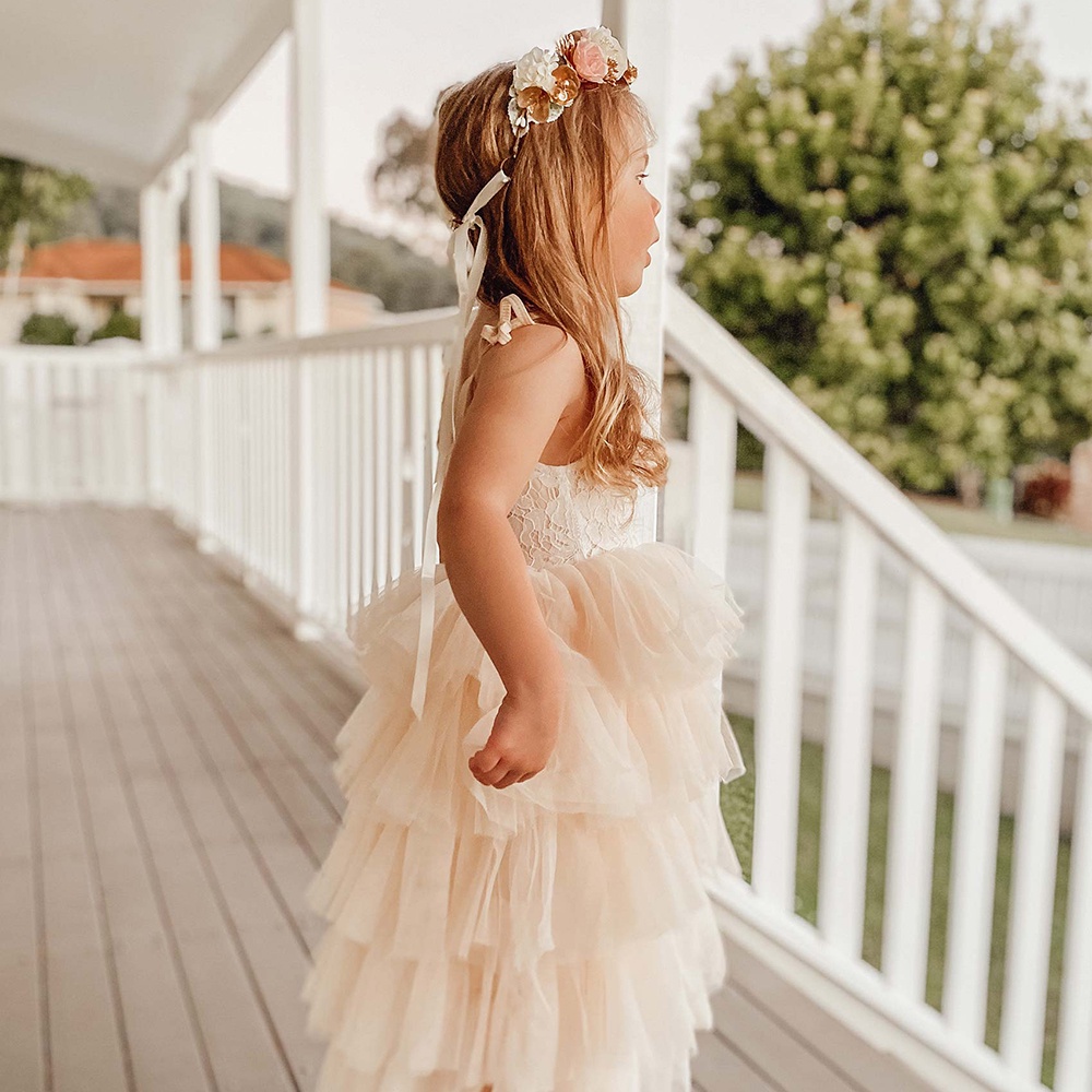 Đầm công chúa hai dây phối ren phong cách vintage xinh xắn cho bé gái