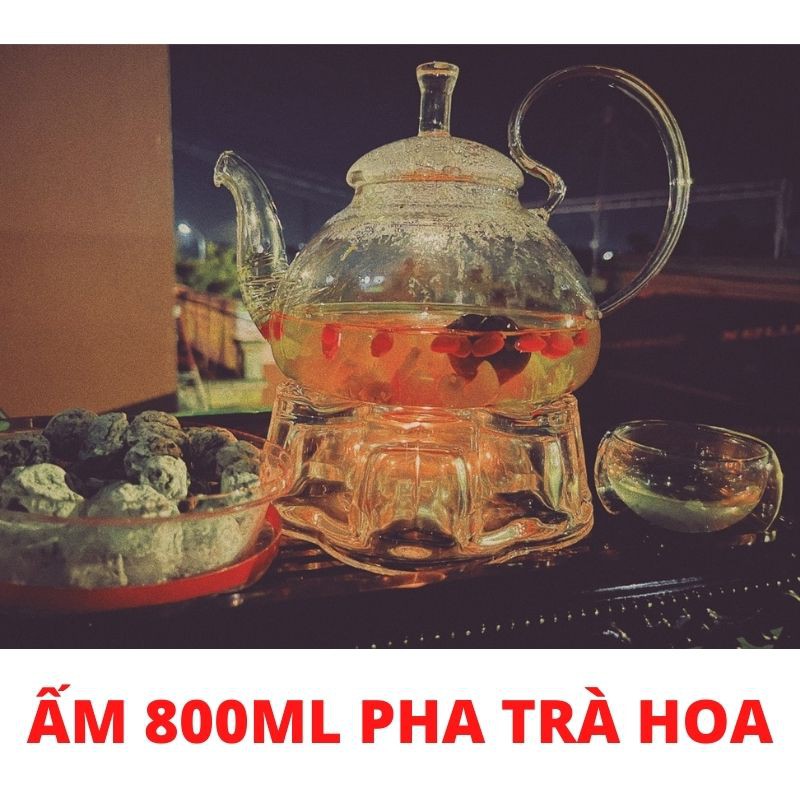 Ấm pha trà thủy tinh kèm khay bình trà chén uống trà hoa cúc chịu nhiệt trong suốt có đế nến