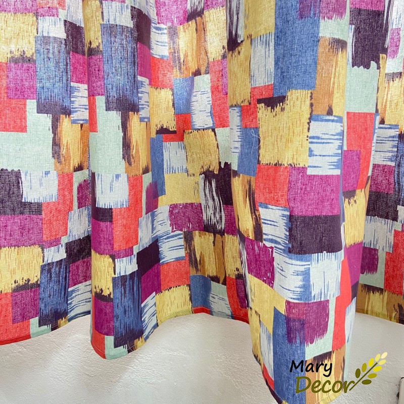 Rèm cửa sổ vải bố linen trang trí nhà cửa cực đẹp, giá tốt - hình khối sắc màu R-A05
