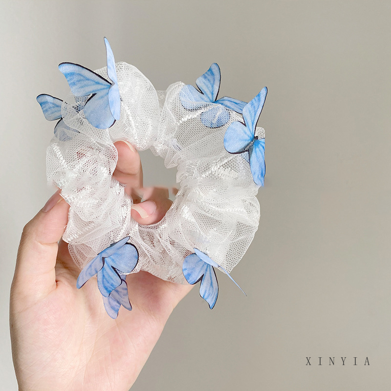 Dây buộc tóc co giãn phối vải lưới đính bướm nhiều màu sắc thời trang Hàn Quốc cho nữ