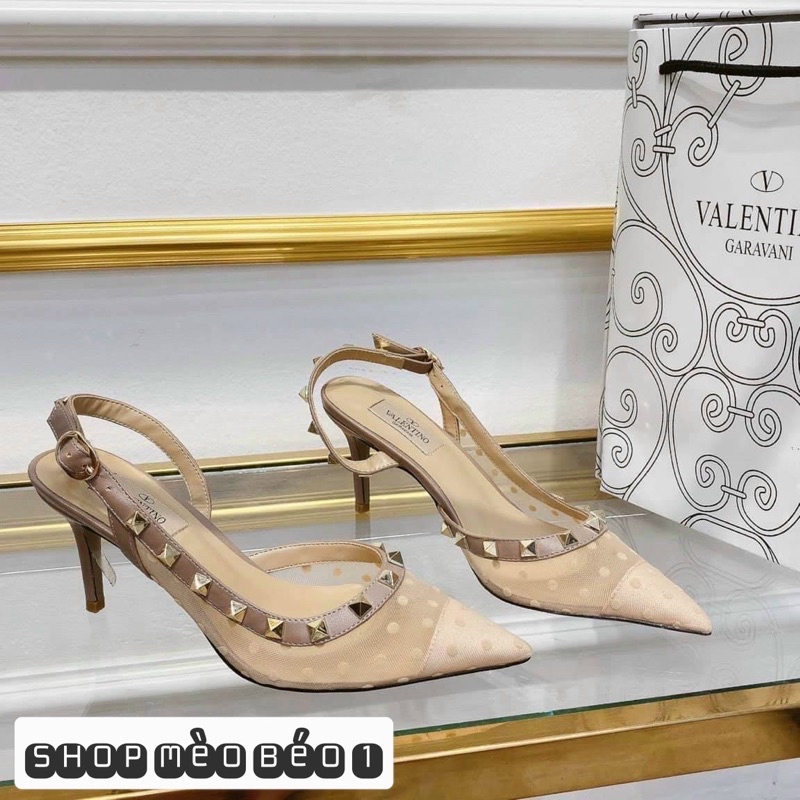 Sandal vltn lưới bi viền đinh gót nhọn fullbox