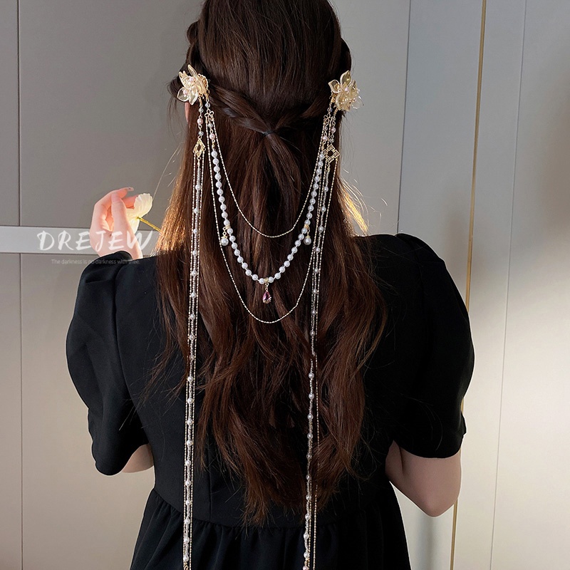 DREJEW Kẹp tóc hình hoa đính đá ngọc trai phối tua rua dáng dài thời trang sáng tạo cho nữ
