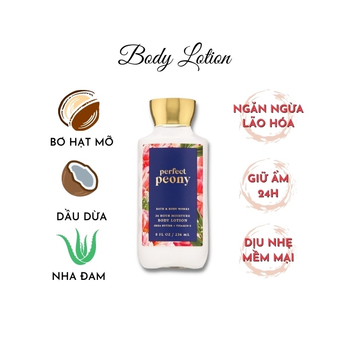 Bộ Sản Phẩm Tắm Dưỡng Xịt thơm toàn thân Bath and Body Works Perfect Peony Shower Gel - Lotion - Mist