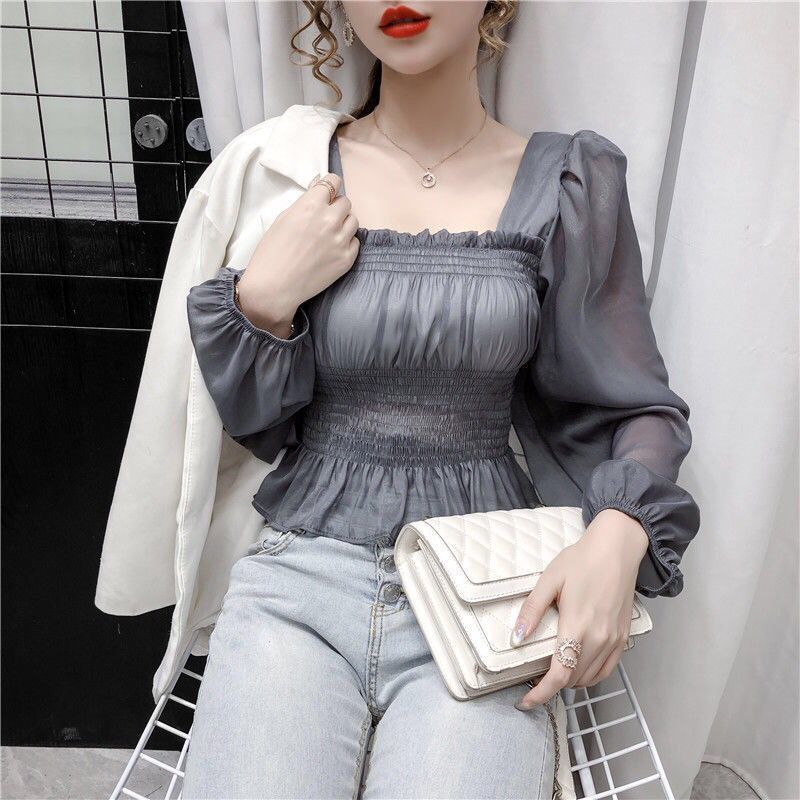 Áo Kiểu Tay Dài Và Phồng Bằng Voan Cổ Vuông Cho Nữ