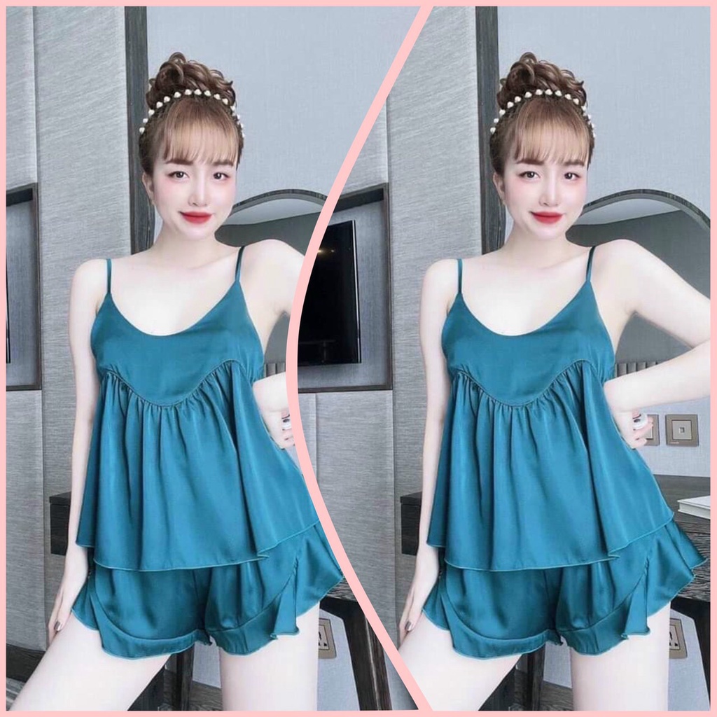 🌈🌈Sét đồ bộ 2 dây lụa satin  🌈🌈phối quần họa tiết dễ thương đồ ngủ lụa mặc nhà freesize