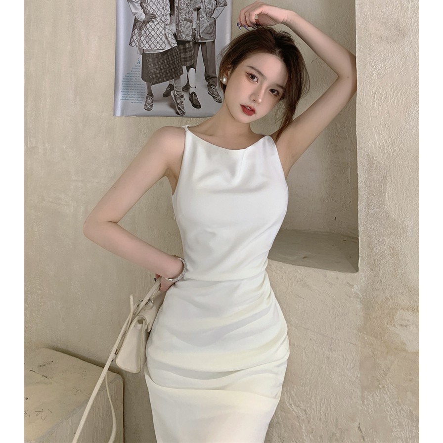 Đầm liền thân trắng hai dây trắng thanh lịch dự tiệc phong cách Hàn Quốc | BigBuy360 - bigbuy360.vn