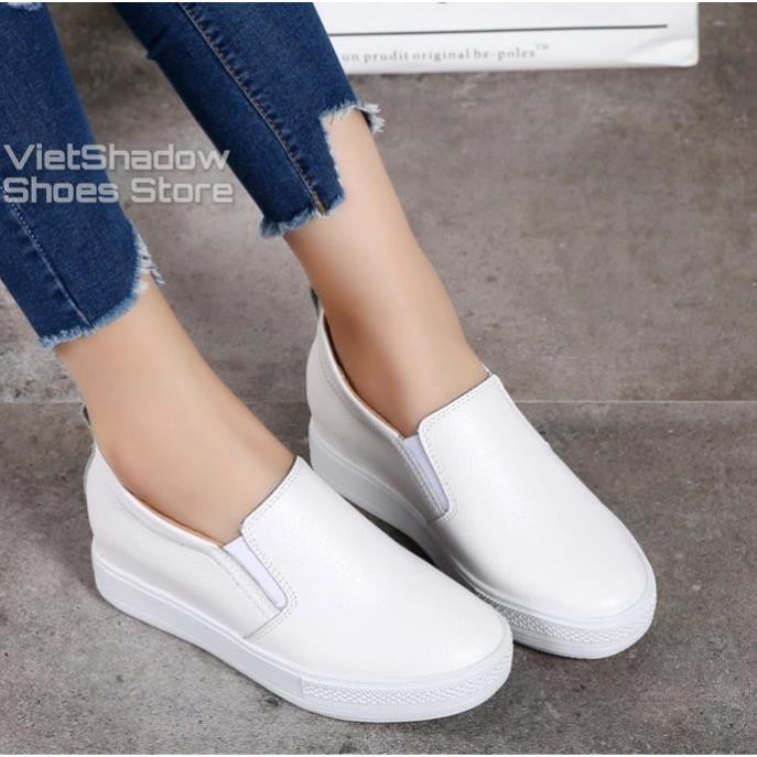 Slip on da nữ độn đế - Giày lười da nữ đế xuồng - Chất liệu da bò màu (trắng) và (đen) - Mã SP: 9909/9910 -h91