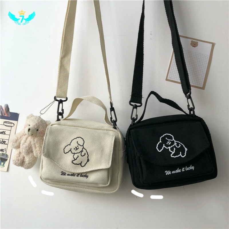 Túi Đeo Chéo canvas Mềm Mại Họa Tiết Cún Dễ Thương Phong Cách Nhật Bản