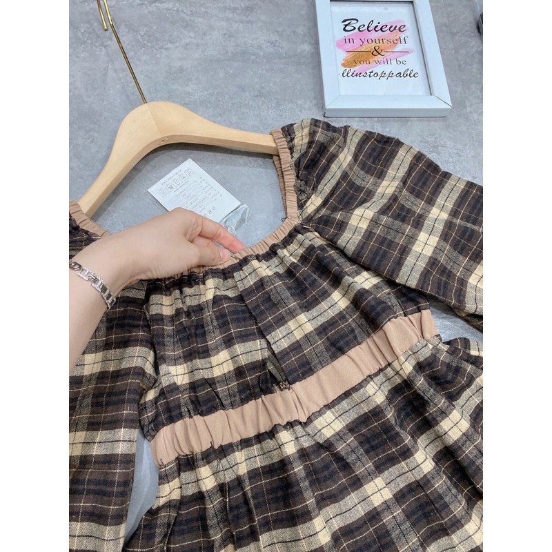 [Siêu hot] Váy Nữ Kẻ Nâu Chun Éo Dáng Xoè, Đầm Nữ Dáng Babydoll Cổ Vuông Có Ảnh Thật Kèm Video | BigBuy360 - bigbuy360.vn