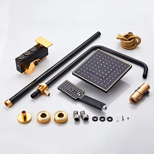 Bộ cây sen tắm đứng FAUCET 2 màu đen vàng, sơn đồng tĩnh điện cao cấp tặng 10 phụ kiện đi kèm