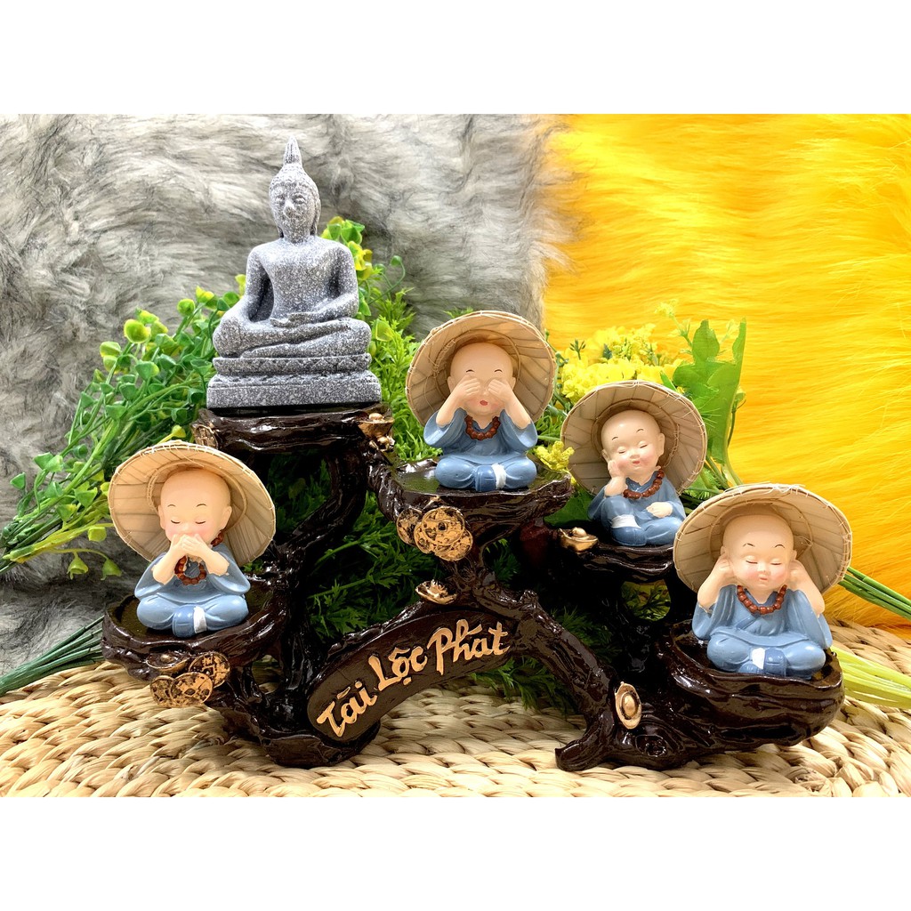 Tượng Phật và các chú tiểu tứ không nón lá tọa đế Tài Lộc Phát