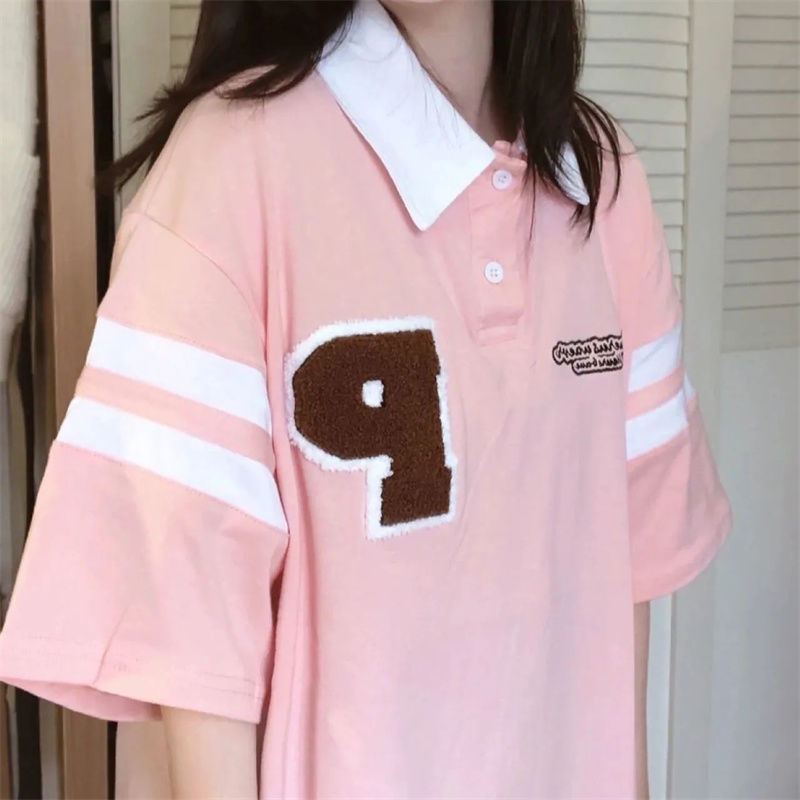 Jiashucheng Áo Thun Nữ Ngắn Tay Cổ Bẻ Form Rộng Phong Cách Hàn Quốc Mới