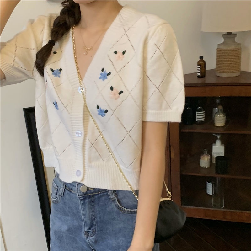 Áo Dệt Kim Tay Ngắn Thêu Họa Tiết Xinh Xắn 175286 Áo Len Mỏng Khoét Lỗ Thời Trang Dành Cho Nữ