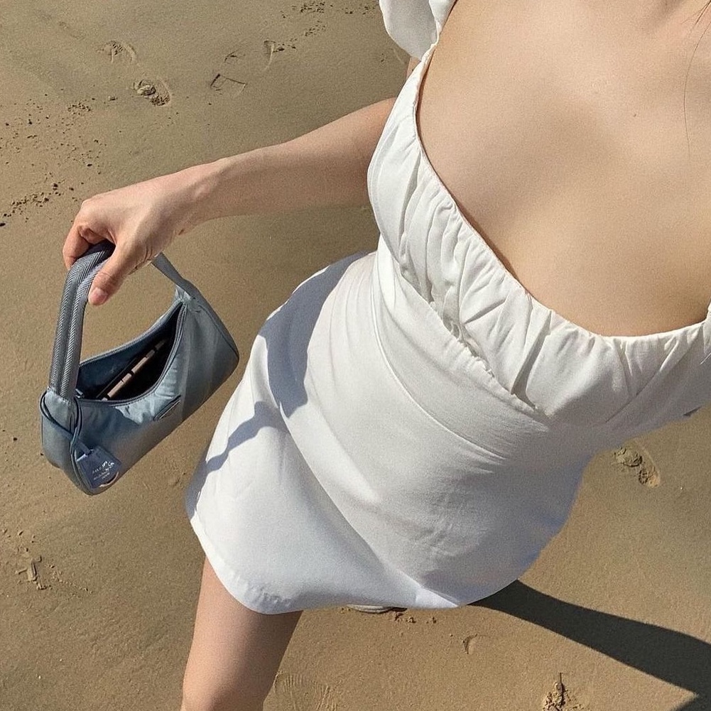 Đầm Zar a Cổ Vuông Tay Phồng, Váy Dáng Xòe Hở Lưng Đan Dây Hot Trend Phong Cách Mùa Hè