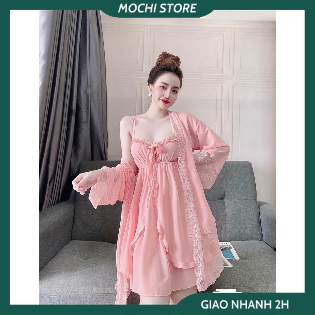 Set 3 Món Đồ Ngủ, Đầm 2 Dây Nữ, Áo Choàng Phối Ren Kèm Quần Chất Chiffon Màu Trơn Form Dáng Rộng Rãi Thời Trang Mặc Nhà