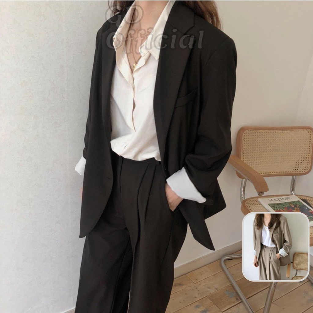 B43|Set/Bộ vest/tây/blazer/công sở nữ áo khoác dài tay, quần cạp/lưng cao ống thẳng suông xẻ tà nâu/đen GD Official