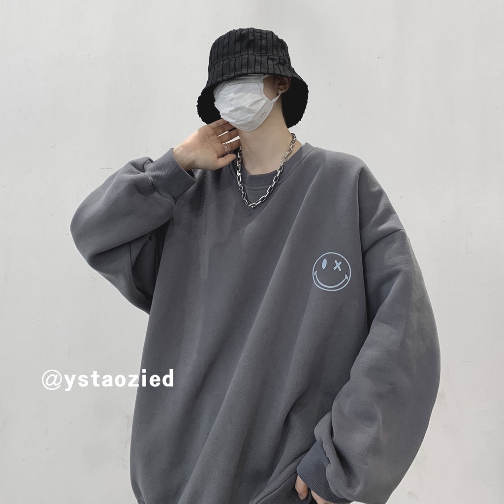 Áo sweater cổ tròn tay dài dáng rộng in hình mặt cười phong cách đường phố Hong Kong thời trang thu đông cho nam