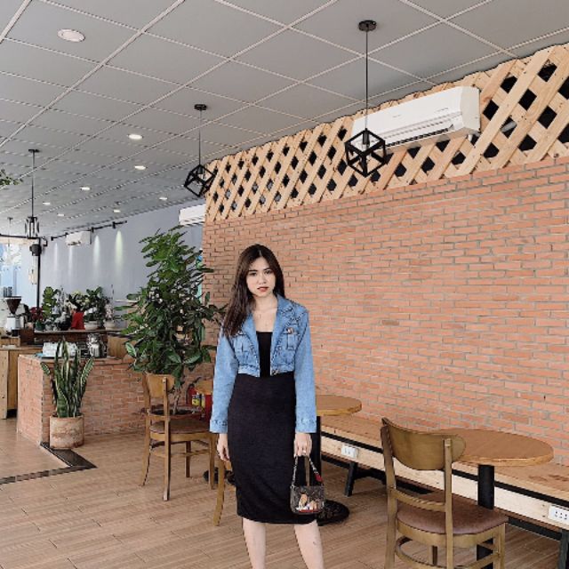 Set Đầm Body Áo Khoác Jean Cổ Vest