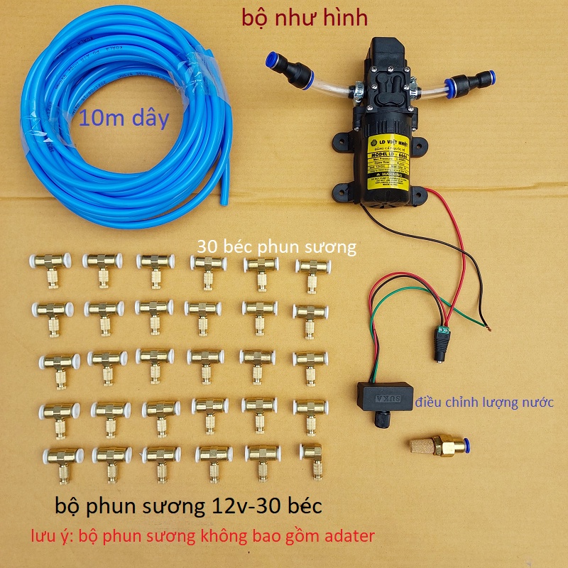 Bộ phun sương tưới lan, làm mát 5 béc - 30 béc, máy bơm áp lực 12v