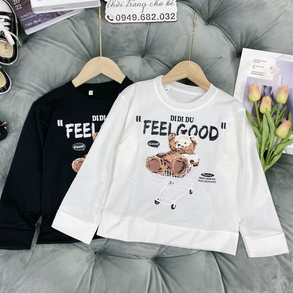 Áo sweater &quot;FEEL GOOD&quot; 14-45kg cho bé trai, bé gái 4-15 tuổi. Vải nỉ da cá thu đông co giãn, dày dặn. B37