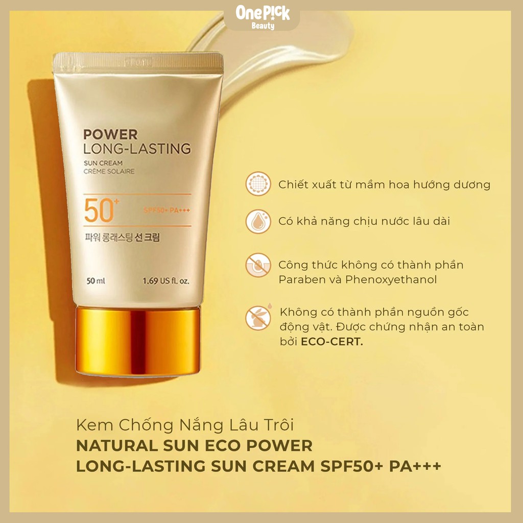 Kem chống nắng lâu trôi The Face Shop Natural Sun Eco SPF50+/PA+++ 50ml, chống thấm nước, độ bám tốt và nâng tone da với chiết xuất mầm hoa hướng dương cho làn da được bảo vệ ngày dài [NATURAL SUN ECO POWER LONG-LASTIG SUN CREAM SPF 50+ PA +++ 50ML]