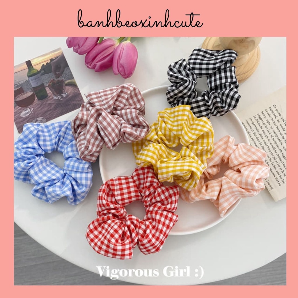 DÂY CỘT TÓC VẢI CARO SCRUNCHIES PHONG CÁCH VINTAGE 2021